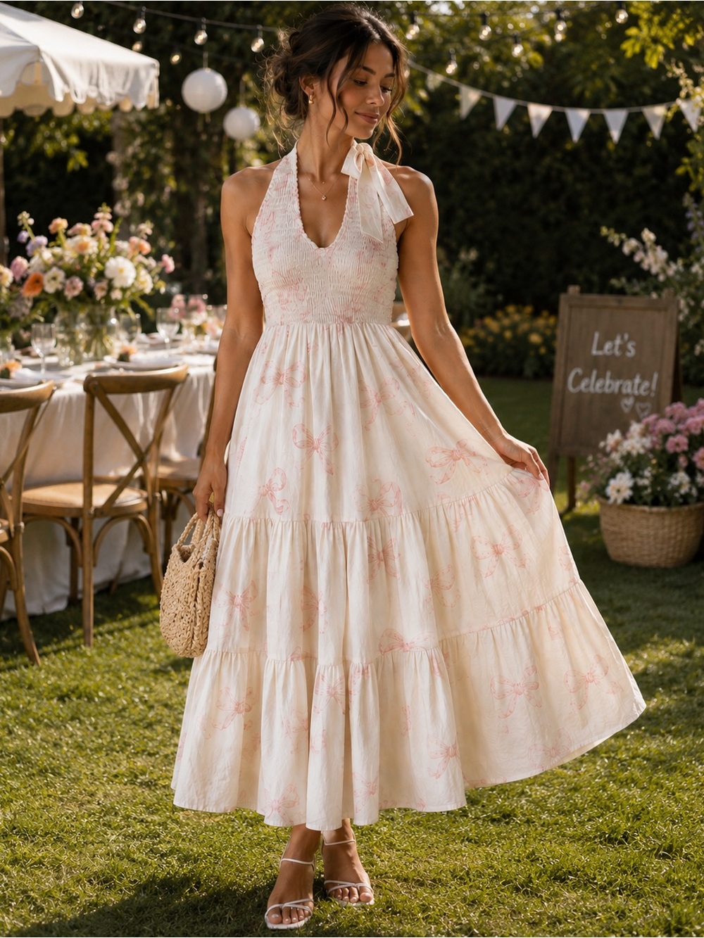 Kathleen Maevek Grace Rose XS Halter Maxi Dress Pink Bow Print Smocked Tiered